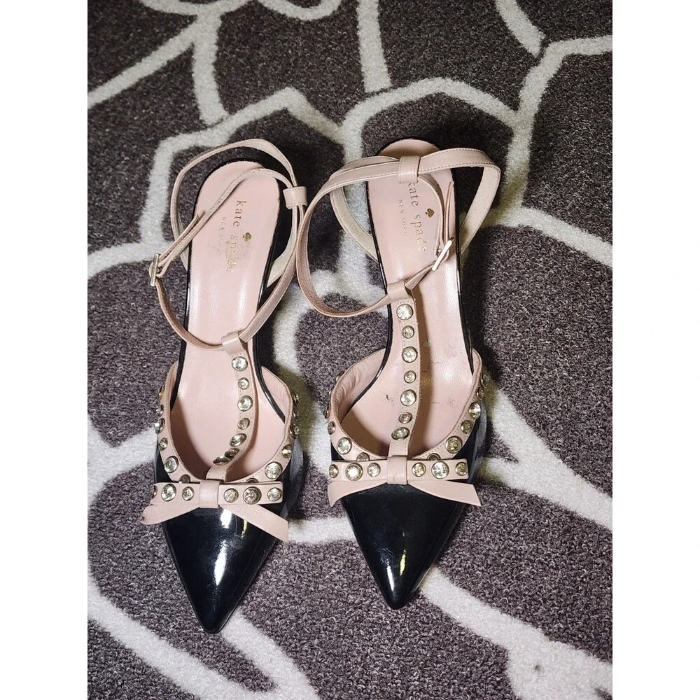 KATE SPADE NEW YORK Lydia Jewel Pumps Pink Black T Strap Size 9 M EUC